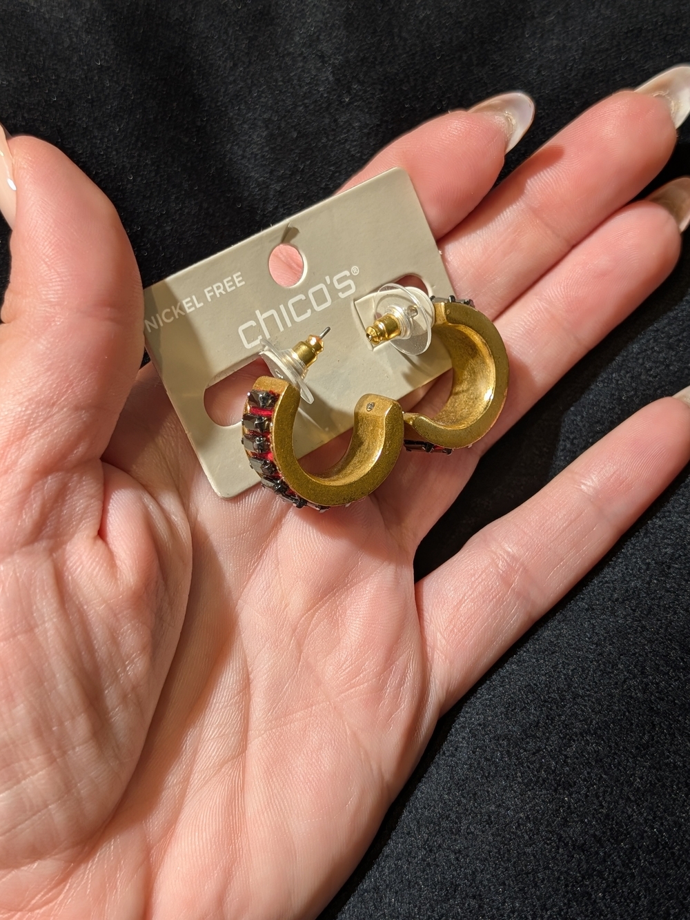 Chico's Gold Tone Hoop Earrings Nickel-Free Red Accents Butterfly Back Lobe